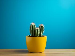 Positioned on a turquoise backdrop, a cactus thrives in a yellow pot