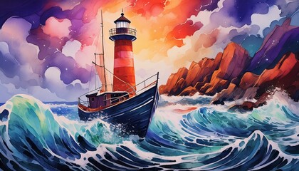  A detailed boat near a lighthouse with rocky shores and crashing waves. The dramatic sky