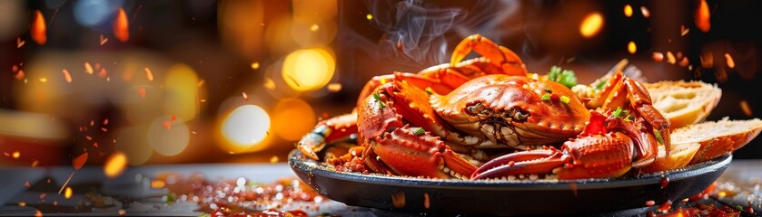 Chili crab, spicy and sweet, served with bread to mop up the sauce, seaside Singapore restaurant