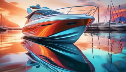  A detailed speed boat docked at a marina with reflections in the water and adjacent boats. 