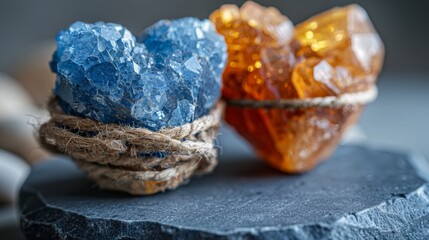 Colorful heart-shaped stones arranged on a dark textured background with space for text