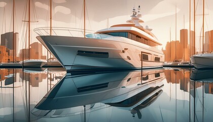 Fototapeta premium A modern motorboat speeding through calm, clear waters with a sleek design and smooth wake