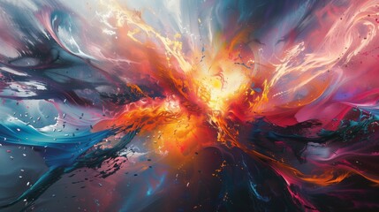 Fototapeta premium Dynamic abstract artwork featuring a vibrant explosion of colors merging and bursting in all directions