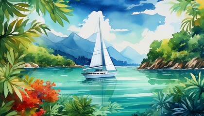  A sailboat in crystal clear tropical waters, surrounded by lush greenery and distant mountain 