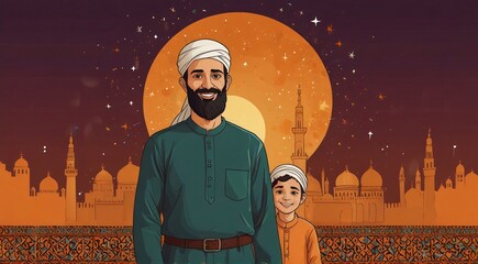  Eid al-Fitr greeting card featuring cartoon Muslim father and son on orange background.