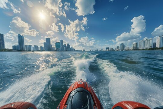 Riding a jet ski at high speed across the waters of Miami Beach, the freedom and adventure are vividly depicted with a high-resolution, wide-angle view, showcasing the thrill of open water.