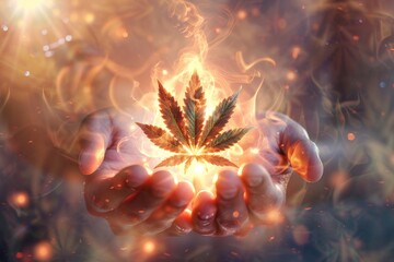 Pair of hands presenting a cannabis leaf over a radiant human figure, highlighting the concept of holistic health and healing