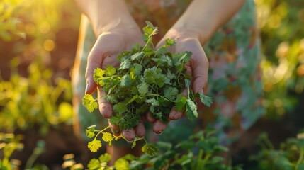 Harvest in the hands of a woman in the garden. Selective focus.