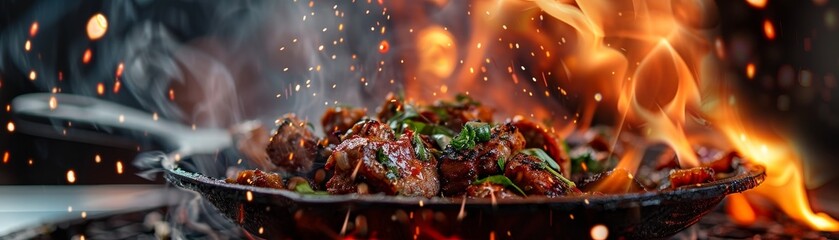 Crispy pork belly with Thai basil, sizzling hot on a cast iron skillet, street market with glowing lanterns