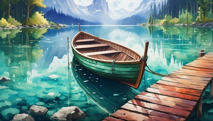 Obraz premium A weathered rowboat tied to a wooden dock, surrounded by calm lake waters and gentle ripples