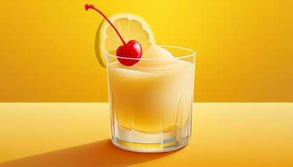  A whiskey sour in a rocks glass with a lemon twist and cherry garnish.