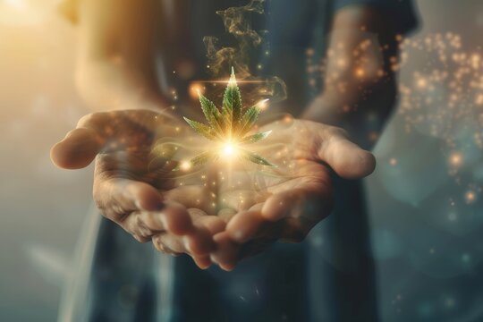 Pair of hands presenting a cannabis leaf over a radiant human figure, highlighting the concept of holistic health and healing