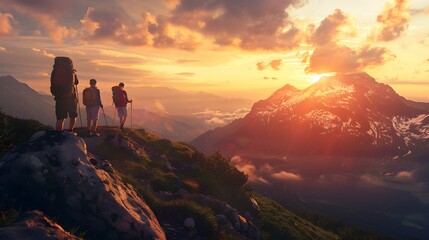 Breathtaking Sunset Mountain View with Adventurous Hikers - Scenic Landscape Photography