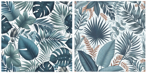 Tropical plant seamless pattern. Botany design, jungle leaves of palm tree and flowers.	