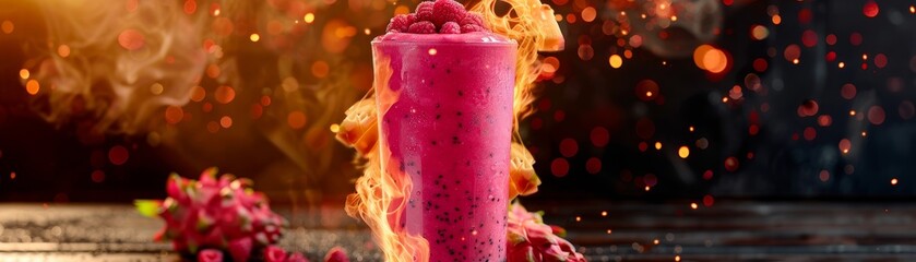 Dragon fruit smoothie, vibrant pink, served in a tall glass, exotic fruit market background