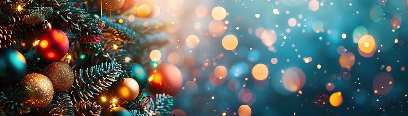 A cozy close-up of a Christmas tree corner, adorned with colorful baubles and the glow of blurred, warm white lights, ample space on the right for text.