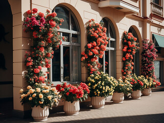 Naklejka premium Building adorned with artificial blooms, creating a floral facade in a resort setting
