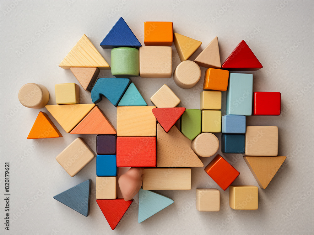 Poster array of colorful wooden blocks on beige, promoting logical thinking