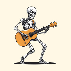 Skeleton Playing Guitar Engraved Illustration