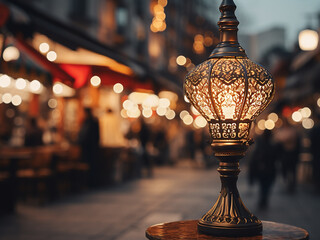Blurry capture of a street lamp illuminating a pedestrian area