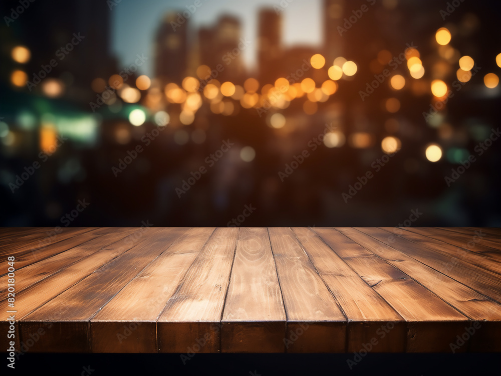 Poster blur adds ambiance to this wooden table in a caf? setting