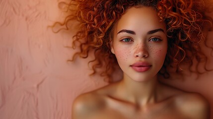 woman freckles face long puffy curly hair flesh tone color strawberry blond attractive body toned...