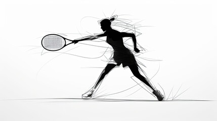 Figure of a woman playing tennis, black outline in motion on white background
