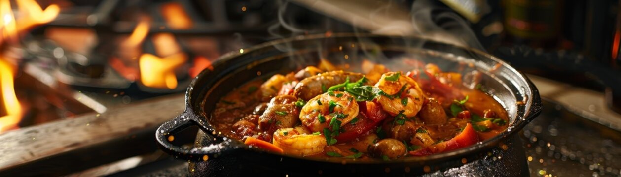 Gumbo, rich and hearty with seafood and sausage, served in a deep bowl, New Orleans jazz bar background