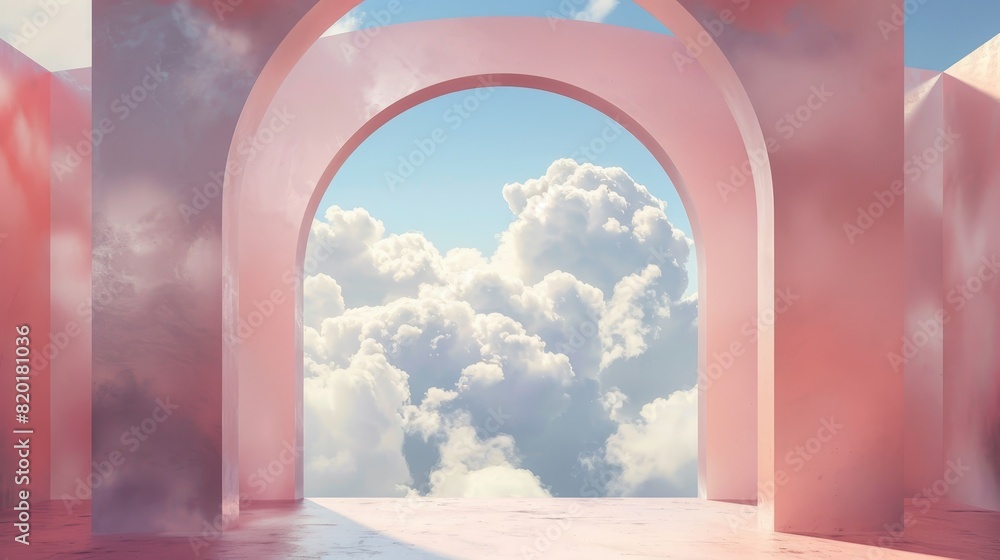 Poster Dreamy cloudscape through archway - Showing a picturesque view through an archway framing a sky with fluffy clouds, the image invokes serenity