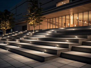 Nighttime view of long outdoor concrete stairs