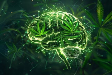 Obraz premium Brain with glowing neural pathways formed by cannabis leaves, illustrating the positive effects on the nervous system