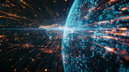 The digital globe spins out of control, global network and connectivity across Earth. Data transfer occurs at breakneck speeds, fueling a frenzy of business transactions