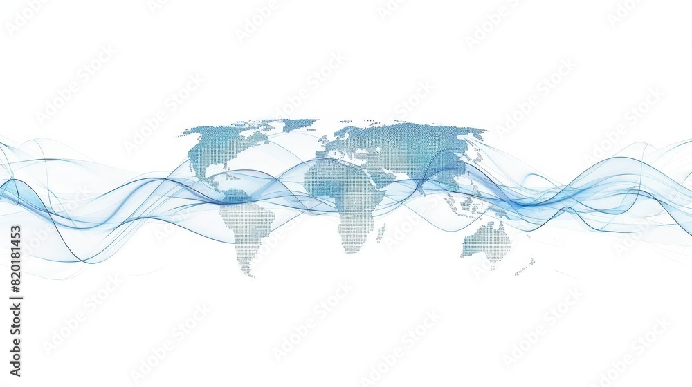 Poster abstract world map with blue sine waves - conceptual image of a world map interconnected with blue s