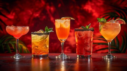 Colorful tropical cocktails and fresh juice beverages on vibrant pink background