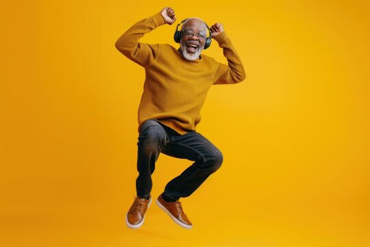 A joyful elderly African American man dancing and wearing headphones, dressed in a yellow sweater and jeans against a vibrant yellow background.