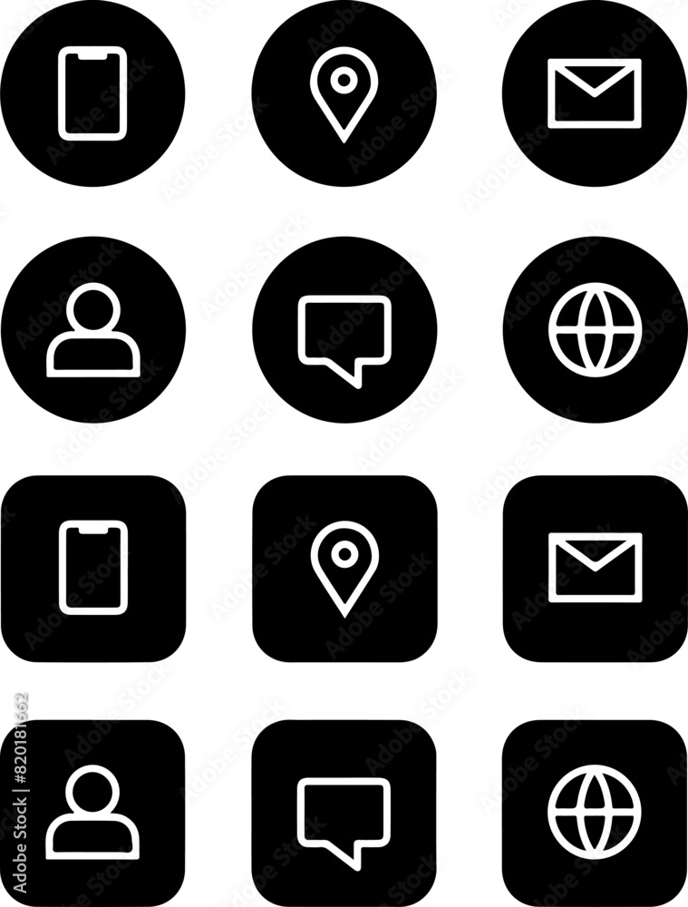 Poster pixel perfect icon set of contact mobile communication phone internet speech bubble chat mail locati