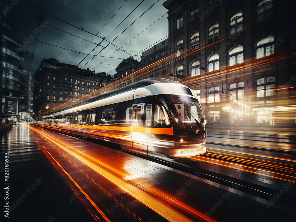 Poster double exposure effect: blurred cityscape and moving train create abstract background