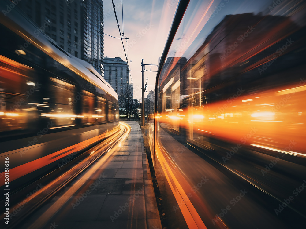 Poster blurred lights of a cityscape overlaid with a moving train, creating an abstract background