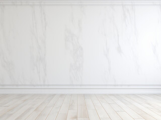 Fototapeta premium Light white marble tile wall with grey wooden flooring, textured and modern