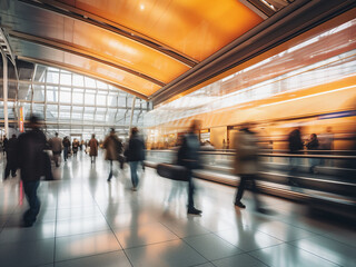 Blurred motion depicts passengers in transit at an American airport terminal