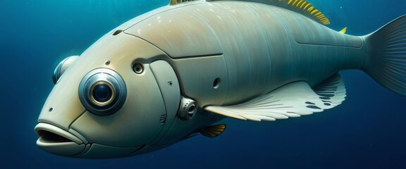 A hyper-realistic robotic fish with detailed mechanical features swims gracefully in blue oceanic waters, blending nature with technology.