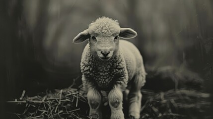 Obraz premium Vintage monochrome portrait of a lamb - A monochromatic artistic image of a lamb in a vintage style, depicting innocence and nostalgia