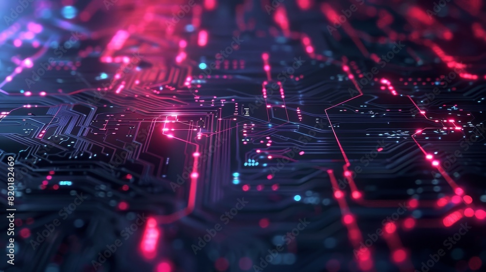 Poster illuminated circuit board close-up view - a detailed image showcasing a circuit board with glowing r