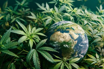 Cannabis leaves forming a protective layer around the globe, highlighting the global impact of medical cannabis