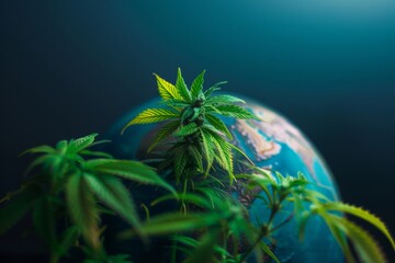 Cannabis leaves forming a canopy over the globe, signifying the extensive global reach of medical cannabis