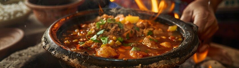 Fototapeta premium Menudo, tripe soup believed to cure hangovers, served in a Mexican family home