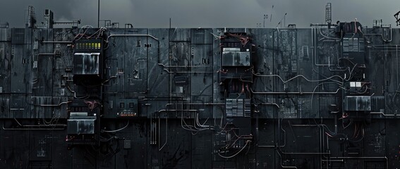 A dark, intricate industrial panel featuring complex wiring and numerous control units, showcasing advanced engineering and technology..