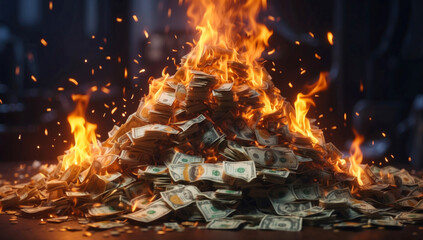 A pile of banknotes burns in the dark