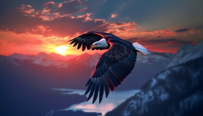 Bald Eagle in Flight at Sunset Over Mountains