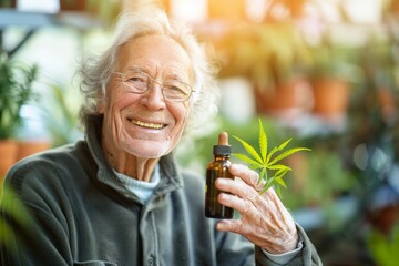 Senior citizen smiling while holding a cannabis tincture bottle. (Elderly care)